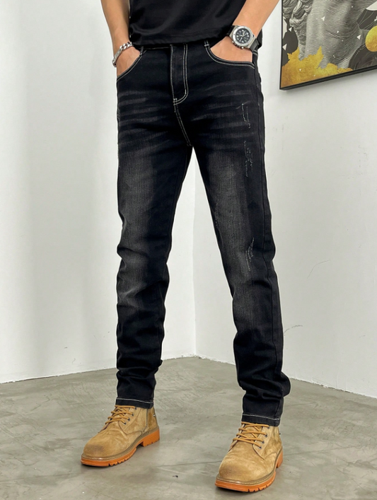 Men’s Black Slim Fit Stretch Jeans with Scratch Effect