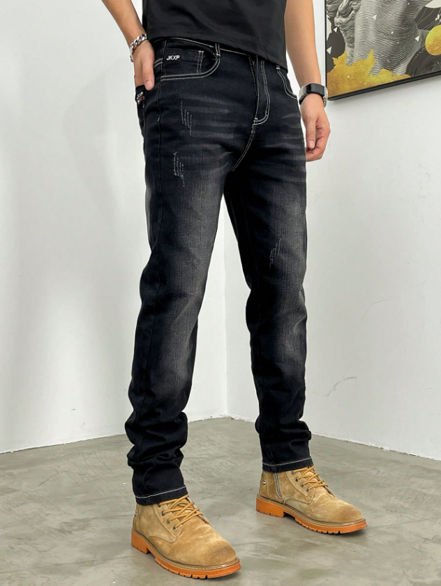 Men’s Black Slim Fit Stretch Jeans with Scratch Effect