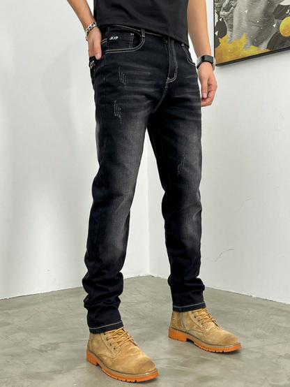Men’s Black Slim Fit Stretch Jeans with Scratch Effect