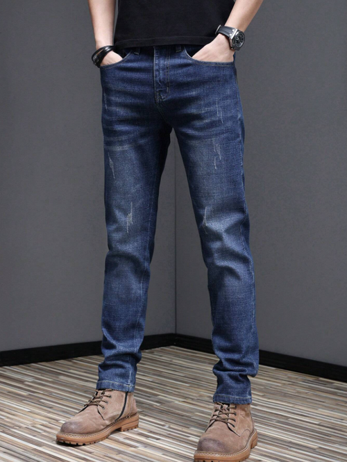 Men’s Blue Slim Fit Stretch Jeans with Scratch Effect