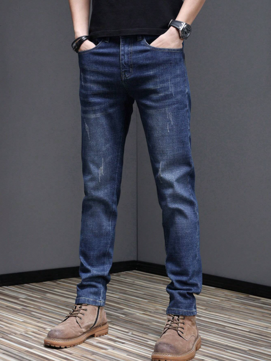 Men’s Blue Slim Fit Stretch Jeans with Scratch Effect