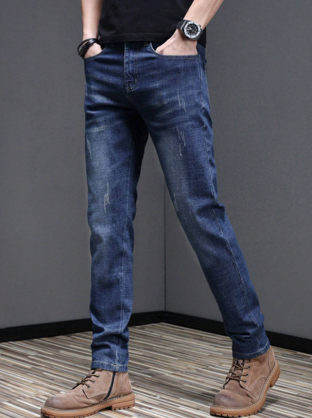 Men’s Blue Slim Fit Stretch Jeans with Scratch Effect