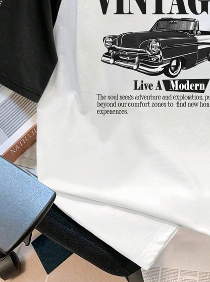Men Casual Retro Car Pattern Raglan T-Shirt